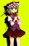  alternate_eye_color green_eyes green_hair hands_on_own_chest hat looking_at_viewer mei pleated_skirt rod_of_remorse shikieiki_yamaxanadu simple_background skirt solo standing touhou 