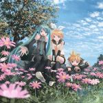  blurry cloud clouds depth_of_field detached_sleeves flower hatsune_miku highres isou_nagi kagamine_len kagamine_rin nature necktie open_mouth outstretched_arm outstretched_hand sitting sky smile thighhighs twintails vocaloid 