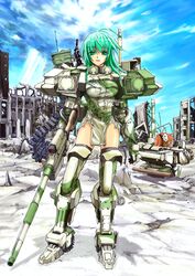  breasts camouflage funeral_(artist) green_eyes green_hair gun mecha_musume military military_vehicle ruins sumisi sunbeam sunlight t-90 tank thigh-highs thighhighs vehicle weapon 