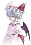  blue_hair frills hair_over_one_eye hat kiran profile red_eyes remilia_scarlet short_hair simple_background slit_pupils solo touhou wavy_hair wings 