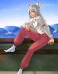  houtengeki long_hair pants red_eyes socks suspenders touhou white_hair 