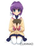  card cards clannad fujibayashi_ryou holding holding_card kneeling purple_hair school_uniform short_hair shouji_ayumu syouji_ayumu thigh-highs thighhighs zettai_ryouiki 