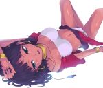  bandeau_bikini bracelet choker dark_skin earrings fushigi_no_umi_no_nadia green_eyes jewelry kasai_shin kokoro_(artist) lying nadia navel neck_ring necklace panties purple_hair short_hair tubetop underwear vest 