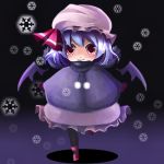  bat_wings blue_hair blush hat kozue lowres night red_eyes remilia_scarlet ribbon ribbons running scarf short_hair snow snowflake snowflakes touhou wings winter winter_clothes yukibina 