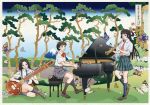  baby_grand butterflies butterfly fine_art_parody fuji grand_piano hair_ornament instrument instruments mount_fuji mountain mountains multiple_girls nadeshiko_rin necktie nihonga parody piano piano_bench plaid plaid_skirt school_uniform serafuku sitar skirt tartan translated tree trees ukiyo-e 