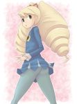 blonde_hair blue_legwear drill_hair looking_back pantyhose rockman ryuusei_no_rockman shirogane_luna sujiko twin_drills twintails yellow_eyes