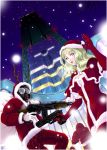  building capelet christmas cityscape coat gun handgun looking_up mask mr.romance pistol rifle santa_costume snow weapon 