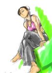  bare_shoulders breasts bun_cover capcom chun-li cleavage crossed_legs double_bun hey_(bluebell) highres legs_crossed muscle pixiv short_hair sitting sketch street_fighter street_fighter_ii tank_top 