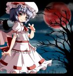 1girl arm_up ascot bare_tree bat_wings brooch clouds cross fang full_moon highres jewelry lavender_hair letterboxed looking_at_viewer mob_cap moon open_hand outdoors puffy_short_sleeves puffy_sleeves red_eyes red_moon remilia_scarlet ribbon sd-sos short_hair short_sleeves skirt skirt_set smile solo touhou tree twilight wings 