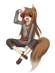  apple fang food fruit holding holding_fruit holo no_socks somejima spice_and_wolf tail wink wolf_ears 