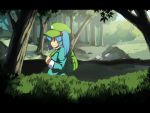  1girl backpack bag blue_eyes blue_hair forest hat kawashiro_nitori kitsune_(kazenouta) letterboxed nature profile solo touhou tree 
