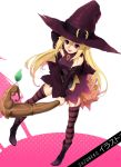  blonde_hair broom broom_riding hat long_hair purple_eyes striped striped_legwear striped_thighhighs thigh-highs thighhighs violet_eyes witch witch_hat 