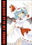  ;d arm_up bat_wings blue_hair brown_eyes fang happy hat open_mouth outstretched_arm red_eyes remilia_scarlet ribbon ribbons shingetsu_takehito skirt smile touhou wings wink 