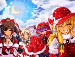  bad_id blonde_hair blue_eyes brown_hair christmas cloud clouds hakurei_reimu hat highres izayoi_sakuya kirisame_marisa lips looking_at_viewer mefix moon praying purple_hair red_eyes remilia_scarlet ribbon ribbons sack sad santa_costume snow tears touhou white_hair wings winter yellow_eyes 