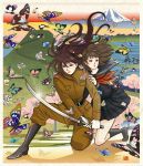  boots butterflies butterfly cherry_blossoms fine_art_parody fuji katana long_hair military military_uniform mount_fuji mountain mountains multiple_girls nadeshiko_rin nature nihonga parody scenery school_uniform serafuku sword ukiyo-e uniform weapon 