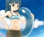  1girl belly_button bikini_top blue_eyes blue_hair cloud clouds creatures_(company) game_freak hikari_(pokemon) innertube long_hair lowres midriff nintendo pokemon pokemon_ddpt shorts solo swimsuit 