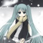  aqua_hair bad_id hajimete_no_koi_ga_owaru_toki_(vocaloid) hatsune_miku long_hair lowres minatsuki_izumi scarf skirt snow twintails vocaloid when_the_first_love_ends_(vocaloid) 