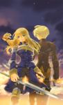  ahoge armor bad_id belt blonde_hair blue_eyes braid final_fantasy final_fantasy_tactics long_hair ramza_beoulve sheath single_braid sky spikes sword tooka weapon 