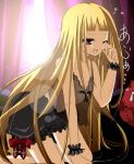  blazblue blonde_hair camisole fang frills gii gothic gothic_lolita kneeling lolita_fashion long_hair lowres open_mouth rachel_alucard red_eyes ribbon shii_(pixiv) skirt tears twintails very_long_hair wink wrist_cuffs 