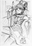  anri arm_support armor armpits blush china_dress chinese_clothes cosplay couch detached_sleeves earrings flat_chest genshiken hair_ornament headdress hoop_earrings ink jewelry monochrome ogiue_chika oui oui_(cosplay) pen ribbon sangokushi_taisen sitting sketch solo sweat thighhighs zettai_ryouiki 