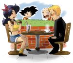  bad_id bald blonde_hair blush breasts cleavage coffee curly_hair date dating dragon_ball food headband juice kuririn lunch_(dragon_ball) son_goku sweatdrop tachibana_midori young 