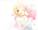  blush child closed_eyes highres kiss loli pink_hair short_hair st+1 strap_slip wallpaper yellow_eyes yuri 