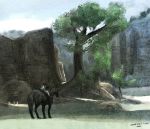  bad_id cliff horse landscape mountain mountains nature painting playstation_2 scenery shadow_of_the_colossus shadows surcoat traditional_media tree trees valley wander 