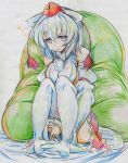  1girl animal_ears bare_shoulders blush breasts colored_pencil_(medium) detached_sleeves hat highres inubashiri_momiji kitazinger large_breasts looking_at_viewer red_eyes short_hair sitting skirt solo tail thigh-highs tokin_hat touhou traditional_media white_hair white_legwear wolf_ears wolf_tail 