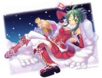  boots christmas detached_sleeves gift green_eyes green_hair original santa santa_costume scarf snow thigh-highs thighhighs wink zettai_ryouiki 
