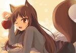  1girl apple apples bad_id brown_hair chocho_(homelessfox) food fruit holding holding_fruit holo long_hair lying spice_and_wolf tail wink wolf_ears 