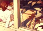  after_school dusk ghost honya_lala kiss leaf leaning leaning_back leaves male short_hair window yaoi 