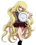  blonde_hair long_hair plaid plaid_skirt school_uniform simple_background skirt solo tartan yellow_eyes 