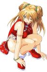  ;p bangs beads blonde_hair bracelet breasts china_dress chinadress chinese_clothes double_bun green_eyes high_heels highres ikkitousen jewelry knees_on_chest large_breasts long_hair no_panties official_art orange_hair scan shiozaki_yuji shoes simple_background solo sonsaku_hakufu squatting taut_shirt tongue twintails wink 