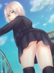  1girl ass black_legwear clouds day eyebrows_visible_through_hair fate/grand_order fate_(series) highres jeanne_alter long_sleeves looking_at_viewer outdoors panties parted_lips ramchi red_panties ruler_(fate/apocrypha) short_hair signature solo sparkle thigh-highs underwear white_hair yellow_eyes 