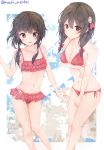  2girls absurdres between_legs bikini black_hair blush braid breast_hold breasts cleavage collarbone flat_chest french_braid frilled_bikini frills hair_between_eyes hair_ribbon hand_between_legs highres kono_subarashii_sekai_ni_shukufuku_wo! long_hair looking_at_viewer medium_breasts megumin mochimentai multiple_girls navel open_mouth red_bikini red_eyes ribbon short_hair_with_long_locks side-tie_bikini swimsuit twitter_username yunyun_(konosuba) 