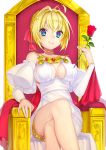  1girl ahoge blonde_hair blush breasts cleavage closed_mouth eyebrows_visible_through_hair fate/extra fate/grand_order fate_(series) flower hair_ribbon holding holding_flower large_breasts legs_crossed looking_at_viewer mogullaz red_ribbon ribbon saber_extra short_hair sideboob sitting smile solo 