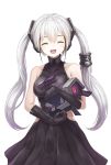  1girl bare_shoulders black_gloves blush breasts closed_eyes collarbone destroyer_(girls_frontline) elbow_gloves eyebrows_visible_through_hair facing_viewer girls_frontline gloves highres large_breasts long_hair lunacle open_mouth smile solo twintails upper_body white_hair 