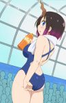  1girl absurdres ass back black_hair blue_eyes blue_swimsuit blush bottle breasts dragon_girl dragon_horns elma_(maidragon) from_behind gradient_hair highres horn horns kobayashi-san_chi_no_maidragon large_breasts looking_at_viewer looking_back multicolored_hair one-piece_swimsuit open_mouth purple_hair short_hair sideboob smile solo swimsuit water_bottle 