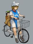  2girls :3 animal_ears basket bicycle black_hair blonde_hair breasts cat_ears chanta_(ayatakaoisii) chen child dress extra_ears fox_ears fox_tail grey_background grey_shoes ground_vehicle hat highres huge_breasts large_breasts looking_at_viewer multiple_girls multiple_tails pillow_hat revision riding shoes short_hair shorts simple_background slit_pupils socks sweatdrop tabard tail thighs touhou white_dress white_legwear yakumo_ran 