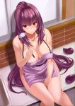  1girl apron bangs bare_shoulders blush breasts cleavage collarbone commentary_request counter eggplant eyebrows_visible_through_hair fate/grand_order fate_(series) hair_intakes hand_on_lap kitchen ladle large_breasts legs long_hair looking_at_viewer looking_up naked_apron ponytail purple_apron purple_hair red_eyes scathach_(fate/grand_order) sengoku_aky sitting smile solo thighs very_long_hair 