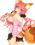  1girl animal_ears bare_shoulders breasts fate/extra fate_(series) fox_ears fox_tail highres large_breasts long_hair looking_at_viewer looking_to_the_side pink_hair shirt shorts sideboob solo striped striped_shirt tail tamamo_(fate)_(all) tamamo_no_mae_(fate) thighs yellow_eyes yuruto 