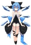  1girl arm_ribbon bei_mochi black_bow black_dress black_ribbon black_shoes blue_eyes blue_hair bow choker cirno collarbone dress full_body hair_between_eyes hair_bow highres ice ice_wings looking_at_viewer older ribbon shoes short_hair simple_background sleeveless solo touhou white_background wings 