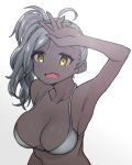  1girl ahoge arm_up armpits bikini_top breasts cleavage dark_skin fang gradient gradient_background grey_bikini_top grey_hair jorin large_breasts long_hair no_nose open_mouth original side_ponytail simple_background solo sunlight sweat 