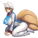  1girl animal_ears bangs blonde_hair blush breast_squeeze breasts breath brown_eyes chanta_(ayatakaoisii) commentary_request dress fox_ears fox_tail from_side hat highres huge_breasts looking_at_viewer multiple_tails pillow_hat seiza short_hair simple_background sitting solo tabard tail touhou white_background white_dress yakumo_ran 