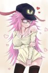  1girl absurdres animal_ears benghuai_xueyuan black_hat black_legwear blush breasts cleavage closed_mouth eyebrows_visible_through_hair glasses hat heart highres jewelry large_breasts long_hair looking_at_viewer necklace pink_hair rabbit_ears smile solo thigh-highs violet_eyes yaezakura_(benghuai_xueyuan) yu_ningning 