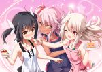  3girls :p ;d bare_shoulders bikini bikini_under_clothes black_hair blush bracelet breasts cake chloe_von_einzbern collarbone commentary dark_skin eyebrows_visible_through_hair eyes_visible_through_hair fate/kaleid_liner_prisma_illya fate_(series) feeding food fruit hair_between_eyes hair_bobbles hair_ornament highres illyasviel_von_einzbern jewelry looking_at_another miyu_edelfelt morokoshi_(tekku) multiple_girls one_eye_closed open_mouth overalls pink_background pink_hair plate red_eyes side-tie_bikini side_ponytail small_breasts smile strawberry strawberry_shortcake swimsuit tongue tongue_out twintails white_hair x_hair_ornament yellow_eyes 