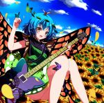  1girl antennae bare_legs blue_hair blue_sky brown_eyes butterfly_wings commentary_request day dress electric_guitar eternity_larva flower green_dress guitar hair_ornament highres instrument knees_together_feet_apart leaf leaf_hair_ornament looking_at_viewer outdoors petals shinbarian short_hair sky smile solo summer sunflower touhou wings 