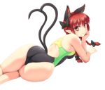  1girl alternate_costume animal_ears ass bangs bare_arms bare_legs bare_shoulders black_bow blush bow braid breasts cat_ears cat_tail competition_swimsuit extra_ears gomi_(gomitin) hair_bow kaenbyou_rin looking_at_viewer multiple_tails one-piece_swimsuit pointy_ears short_hair_with_long_locks small_breasts smile solo swimsuit tail thighs touhou twin_braids two_tails 