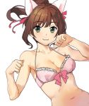  10s 1girl :3 alternate_hairstyle animal_ears arm bangs bare_arms bare_shoulders bikini breasts brown_hair cat_ears cleavage clenched_hands collarbone dutch_angle eyebrows_visible_through_hair female frill_trim green_eyes hair_ribbon halterneck idolmaster idolmaster_cinderella_girls looking_at_viewer maekawa_miku medium_breasts midriff navel neck paw_pose pink_bikini pink_swimsuit ponytail ribbon short_hair shovelwell simple_background smile solo swimsuit white_background 