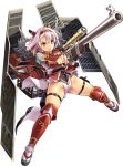  &gt;:| 1girl aizuwakamatsu_(oshiro_project) antique_firearm architecture armband armor breastplate castle east_asian_architecture firearm full_body gun hairband holding holding_weapon horns kekemotsu looking_at_viewer looking_up no_panties official_art oshiro_project oshiro_project_re red_eyes rifle scope shachihoko short_hair smile thigh-highs transparent_background weapon white_hair 